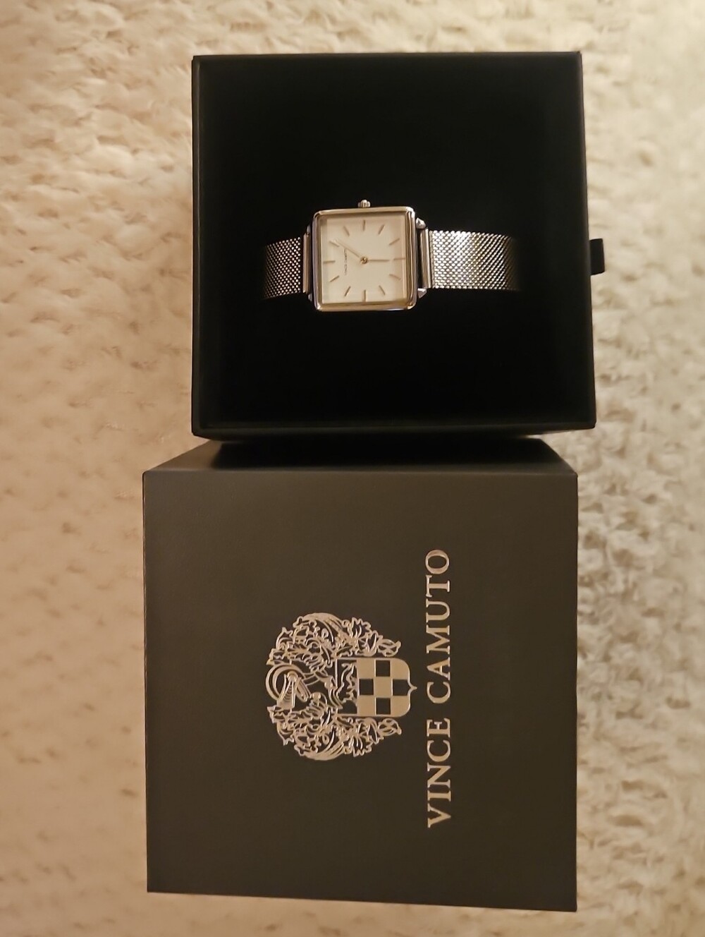 Vince Camuto Silver Square Mesh Bracelet Watch with Ivory Dial